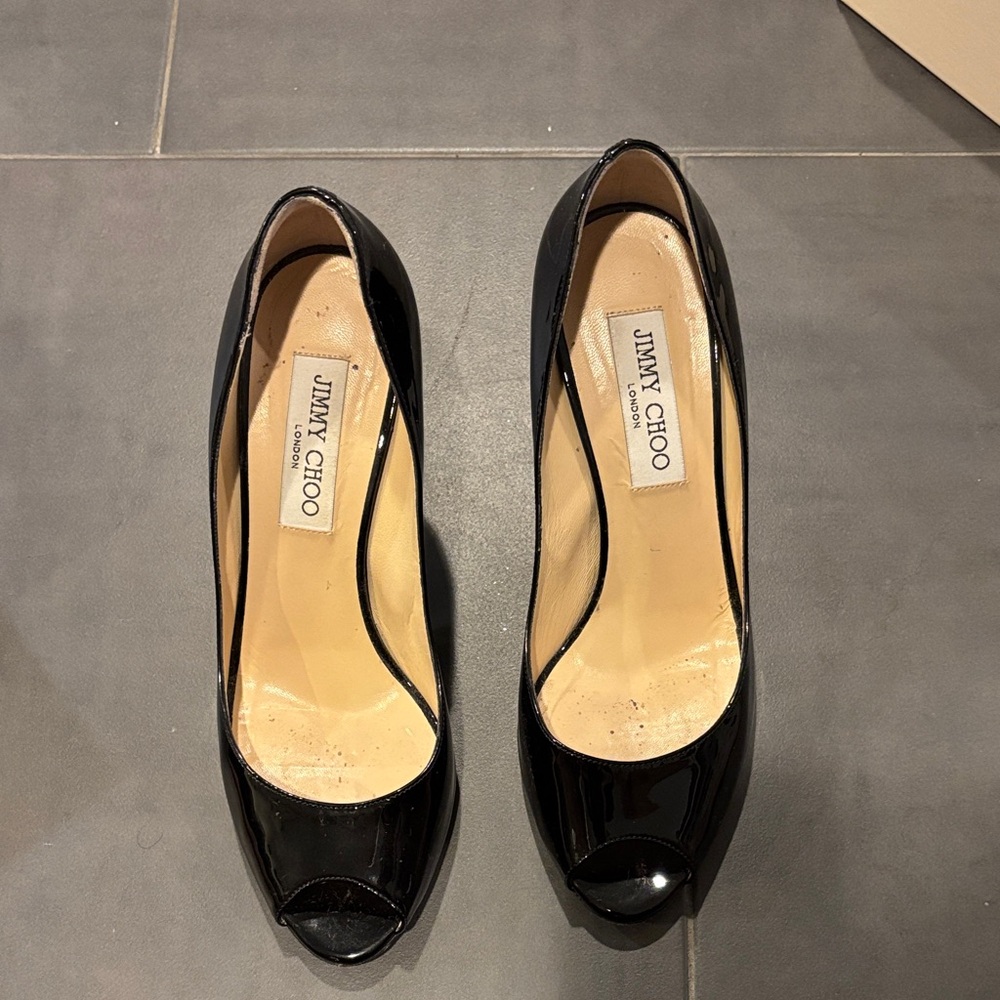 Jimmy Choo Glossy Black Peep Toe Heels
